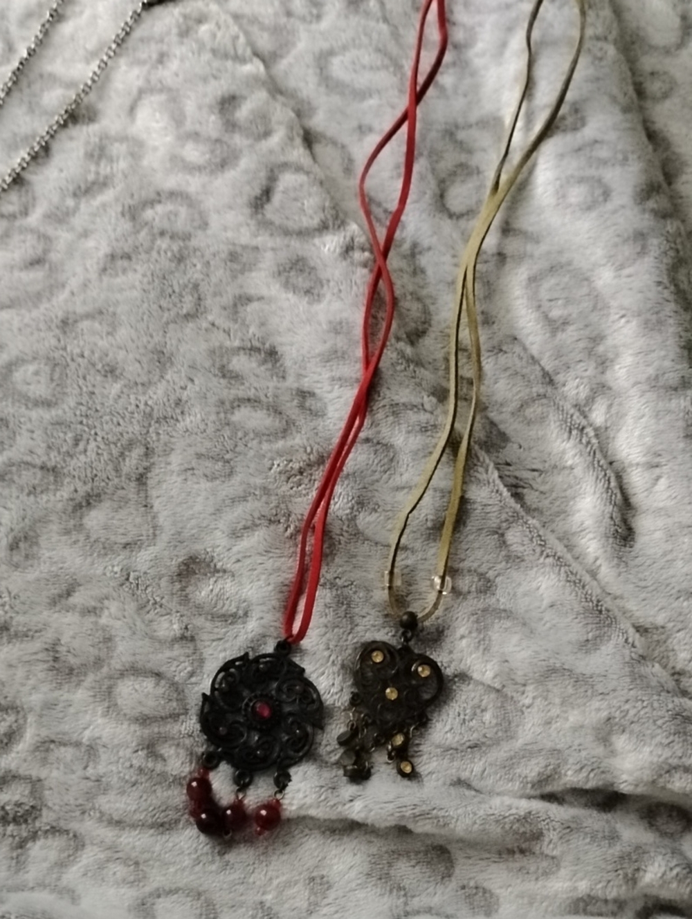 Vintage-Inspired Black Filigree Pendant Necklace with Red Beads